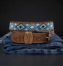 Beaded Western Belt Cowboy Rodeo Full Grain Leather Hand Tooled Removable Buckle