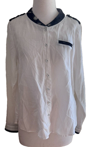 NU Denmark Size M Button Up Shirt / Blouse White with distressed dark denim trim