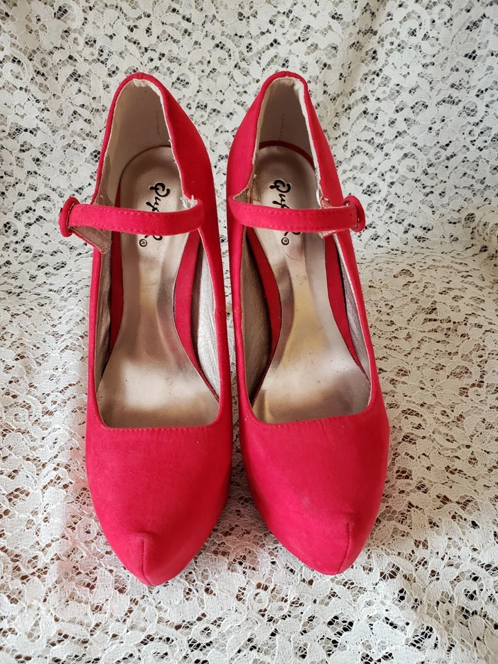 Qupid Platform Stilleto Red Suede Pumps Ankle Strap Size 6.5 - Image 2 of 4