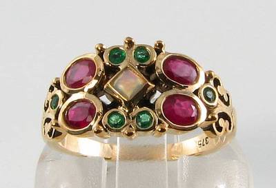 CLUSTER-RING 9 KARAT 9 KARAT GOLD OPAL RUBIN SMARAGD ART DECO INS KOSTENLOSE GRÖßE
