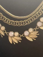 Vtg GLOWS Gorgeous 3 Layer Necklace Gold Tone Faceted Rose Quartz 20-22”