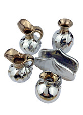 Set Porcellana 5 Pezzi Decoro Argento Lucido Brillante Manifattura Artigianale