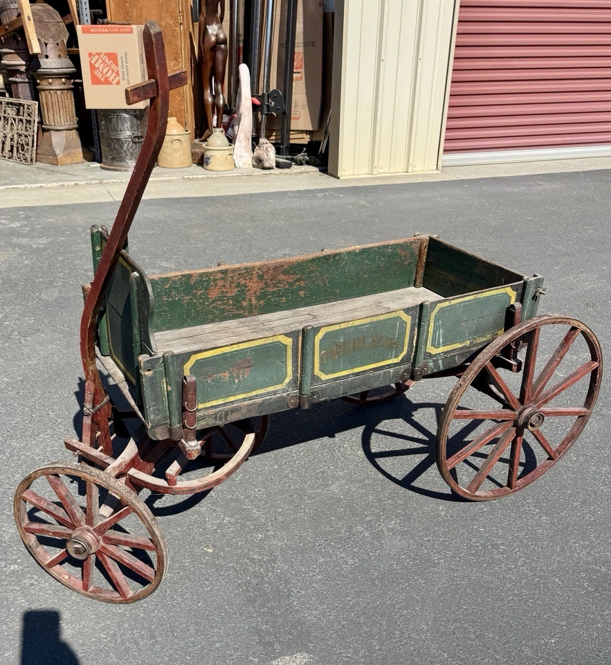 Antique Peerless Wooden Iron Wheel Pull Wagon 19th Century Primitive Goat Cart - Image 3 of 4