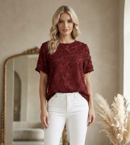 Womens Floral Jacquard Short Sleeve Top Size 8/10 Red Fuzzy Artsy Boho Fall Chic