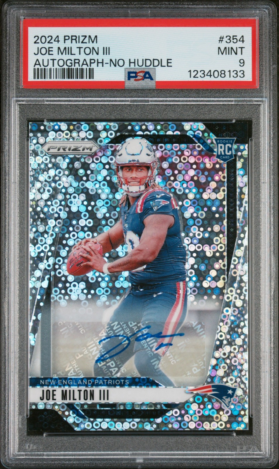 2024 Prizm Joe Milton III No Huddle Auto PSA 9 RC Cowboys Patroits