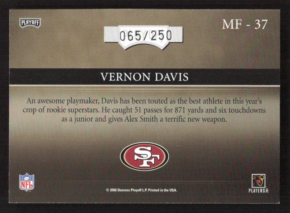 2006 Playoff Absolute Memorabilia Vernon Davis Marks of Fame Silver #/250 #MF-37 - Image 2 of 2