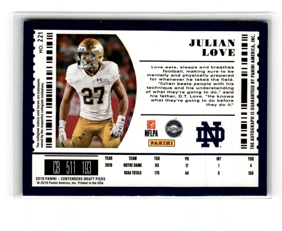 Julian Love 2019 Panini Contenders Draft #221 Bowl Ticket Auto 1/99 1st PRINT - Image 2 of 2