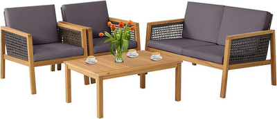 Grey Wicker Patio Furniture Set - 4 Pieces with Cushions & Coffee Table