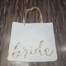 BRIDE / Mrs. Tote Bag, White, Linen, Golden Handles, Sturdy 2 Layers reversible