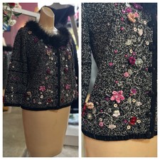 Vintage 90s Y2K Berek Cardigan Sweater Beaded Feather Trim Floral 2000s XS/S