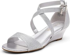 DREAM PAIRS Women's Low Wedge Sandals Ankle Strap Heel Open Toe Silver Size 9.5