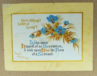 ORIGINAL VICTORIAN CHRISTMAS CARD BLUE FLOWERS BIBLE VERSE