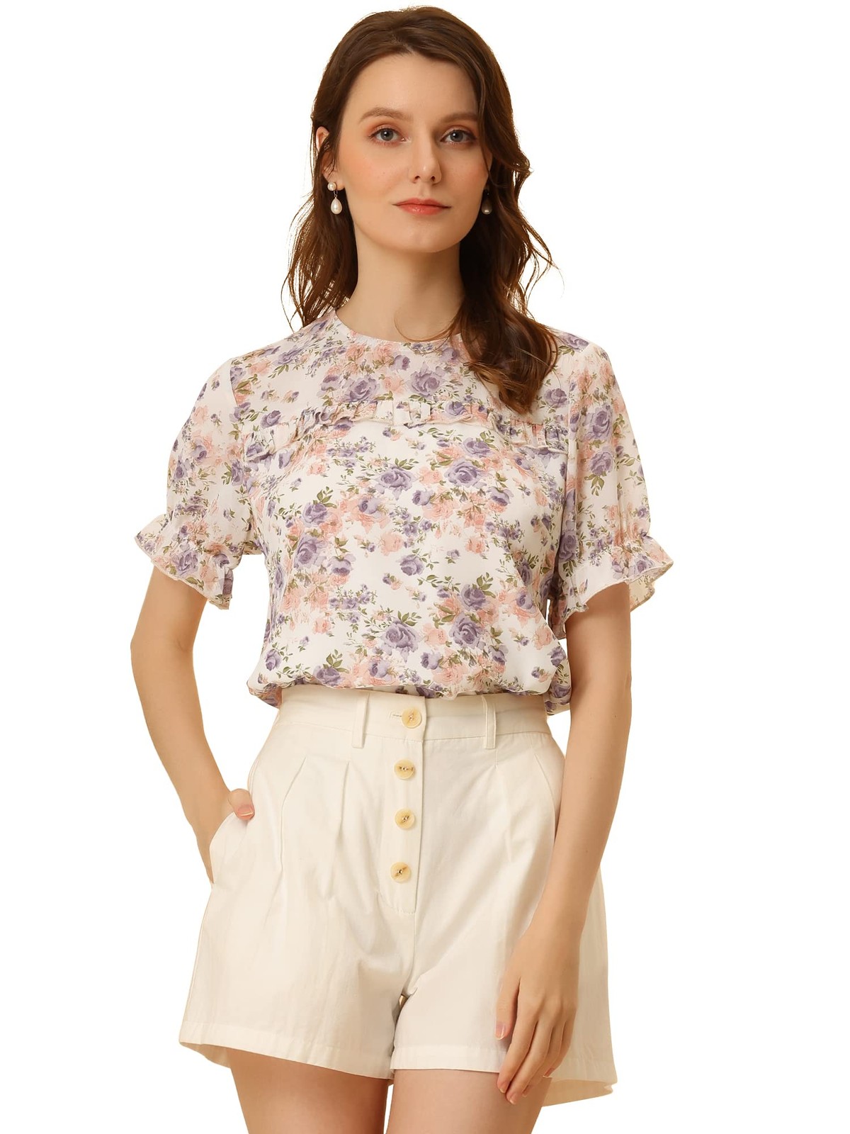 's Chiffon Short Sleeve Ruffled Trim Floral Blouse Top 3X-Large Pink Purple