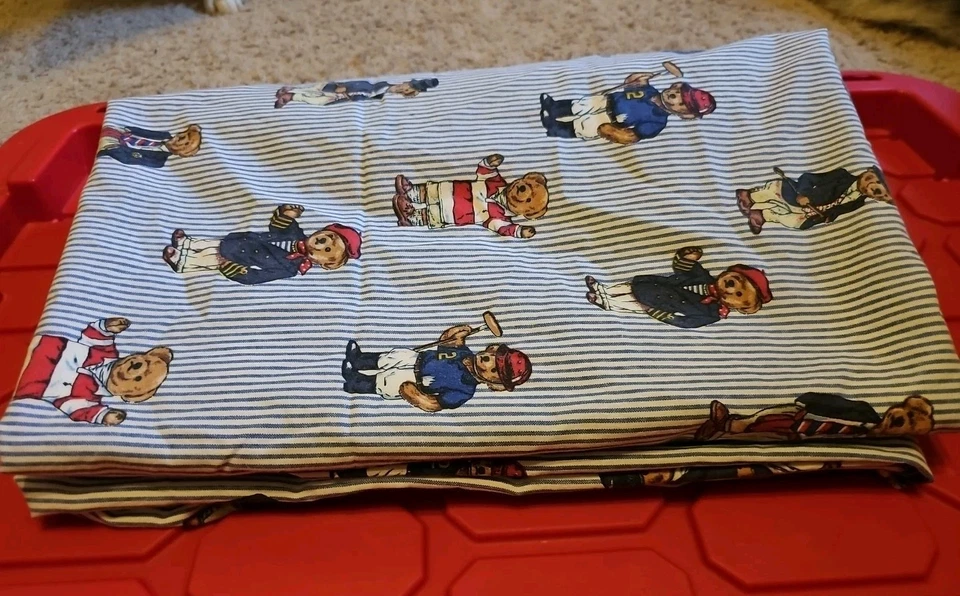 Ralph Lauren Twin Приталенная плоская простыня Винтажный поло плюшевый мишка полоска США - Изображение 2 из 3