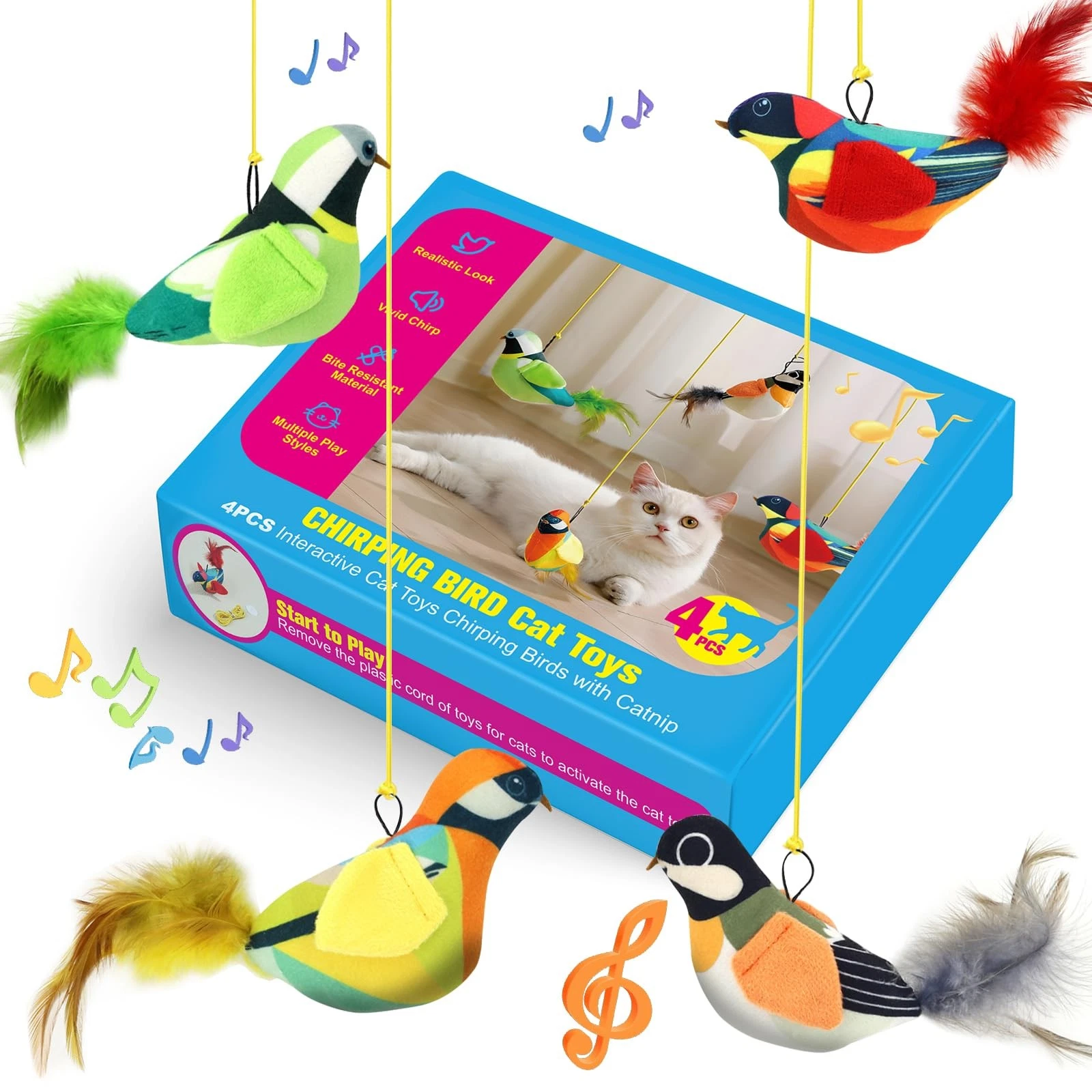 4 PCS Interactive Hanging Bird Cat Toys With Catnip Realistic Chirping Mini