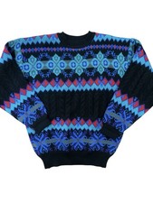 Vtg 80s Summit Count Pullover Sweater Black Multicolor Fair Isle Ski Knit Sz M