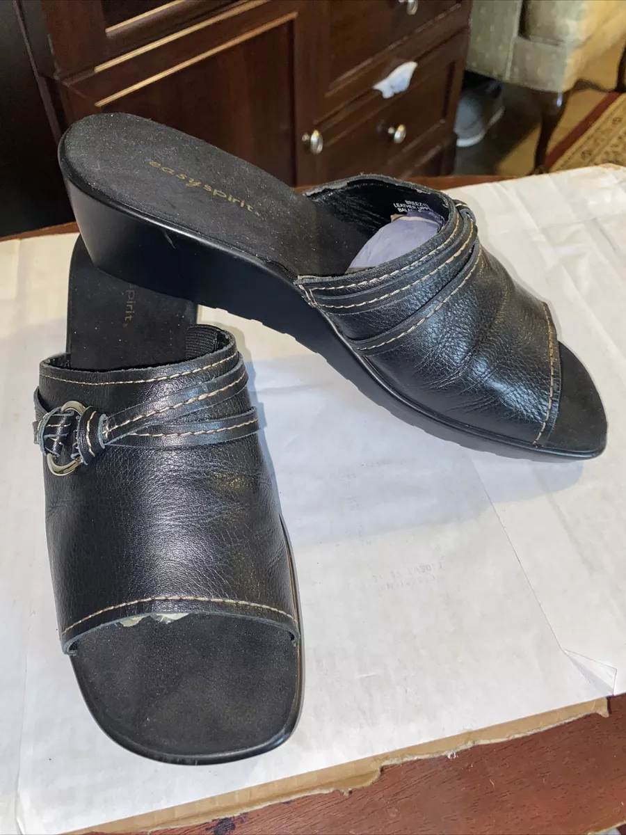 Easy Spirit Breezy Black Leather Sandals Slides 9 narrow eBay