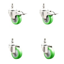 3 Inch 316SS Green Polyurethane 12mm Threaded Stem Caster Set 2 Lock Brake