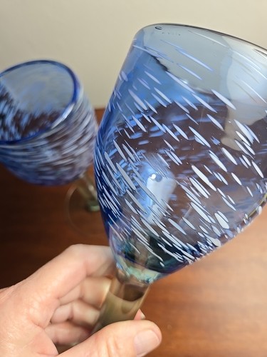 8 Inch Light Blue Clear Stem Heavy Blown Glass Water/Wine Goblets Set Of 2 - Picture 14 of 18