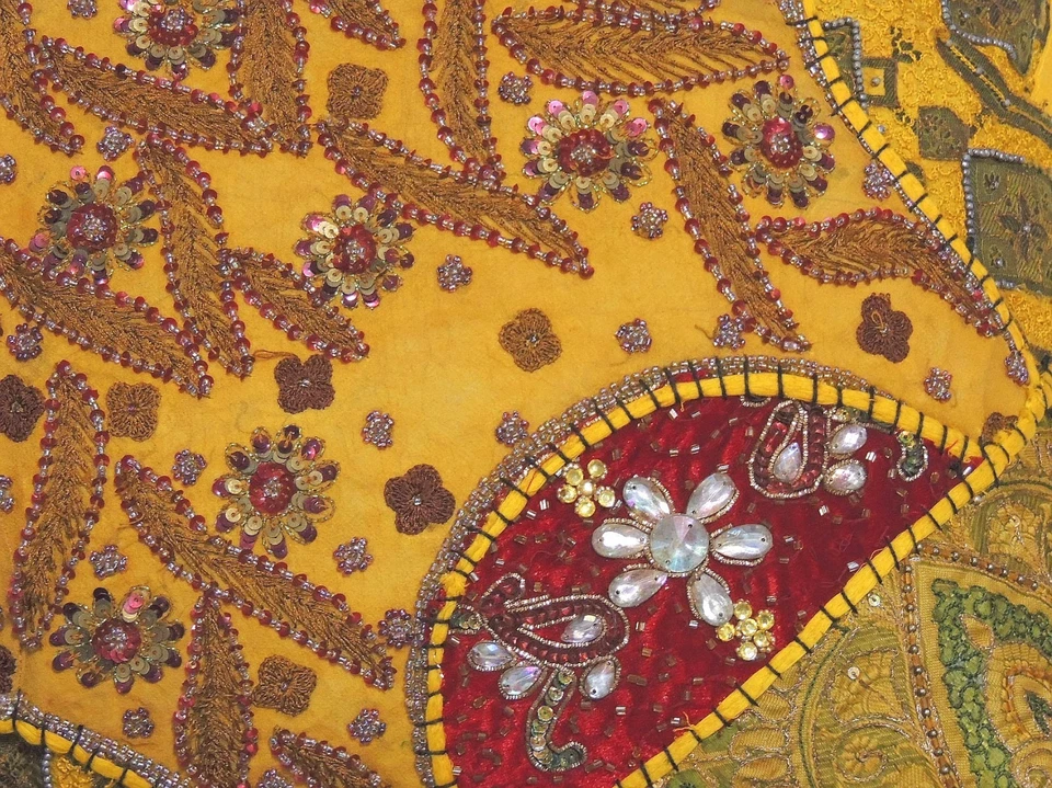 Yellow Floor Pillow Cover Handmade Bollywood Ethnic Style Sari Big Euro Sham 26" - Image 4 of 4