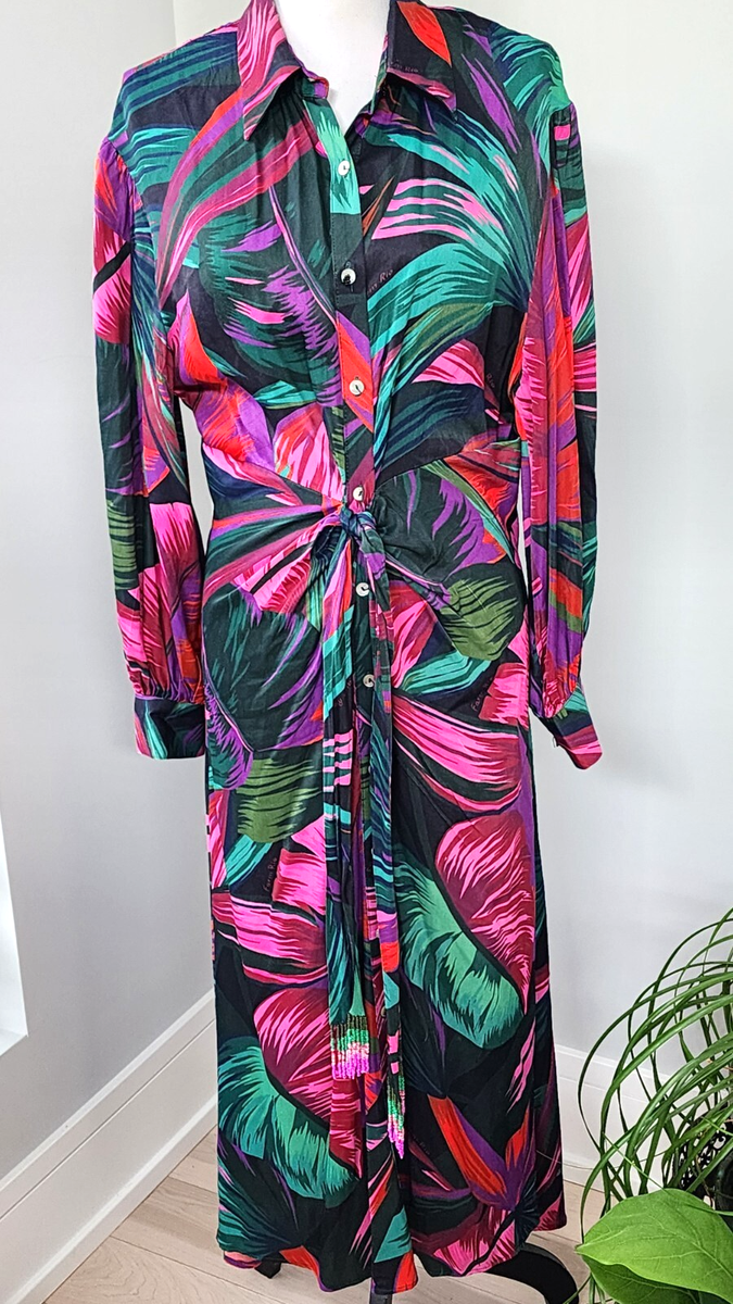 NEW Farm Rio Midnight Leaves Tie Front Button Front Midi Shirt Dress Size M  | eBay