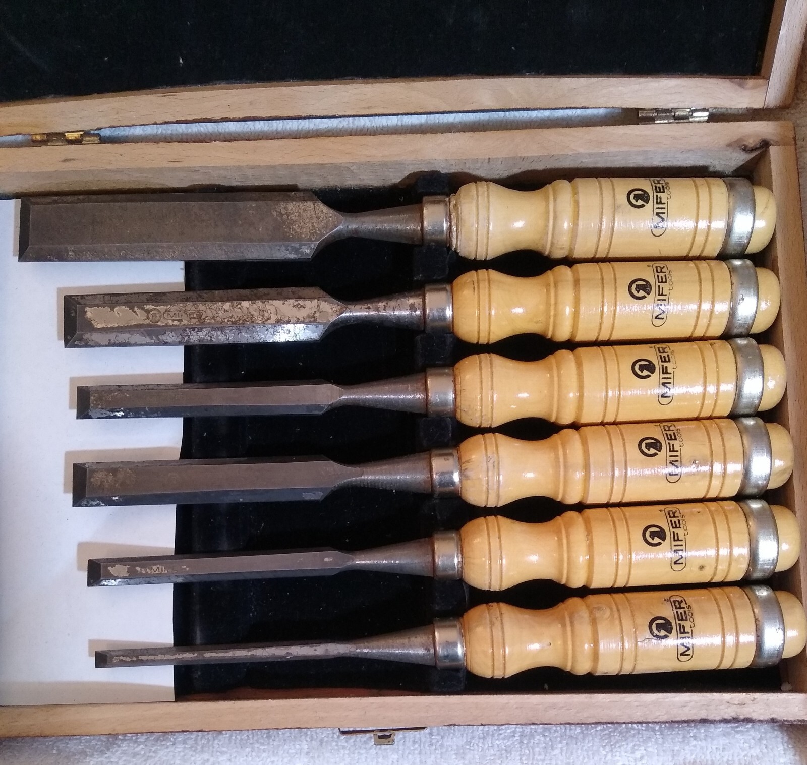 Mifer Chisel 6piece Vintage Set in Original Box Woodworking Tools Sharp