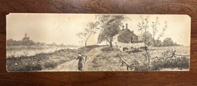 Vintage Etching ~ Woman with Scythe On Farm Scene ~ Picture 7'' x 22''
