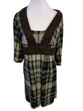 New Direction Woman’s Sz L- Brown Plaid  Dress-Rosette Accents-Lined-Pockets