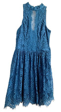 TRIXXI Junior's Teal Lace Fit and Flare Dress, High Neckline and Sleeveless 
