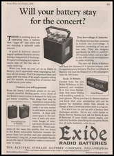 1924 Exide Radio Batteries "Will Your Battery Stay For The Concert?" Print Ad