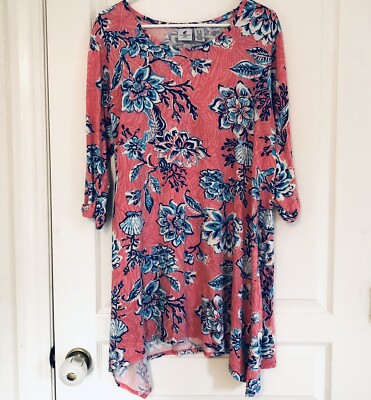 Caribbean Joe Ladies XL Dress 3/4 sleeve button cuff Flowers Shells  Salmon/Blue | eBay