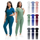 Jogger Stretch Scrub Set Women Nurse Uniform V-Neck Top Jogger Pant Hospital Spa