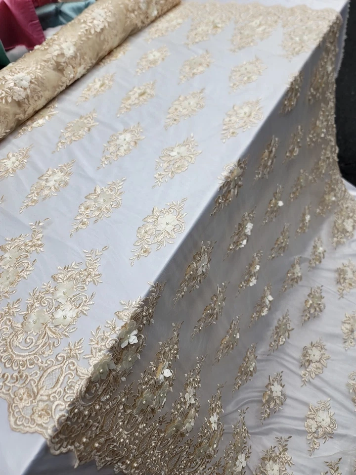 Champagne Lace Fabric By The Yard 3d Floral Flower Embroidered on Mesh For Dress - Image 3 of 4