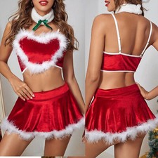 Womens Christmas Trim Outfit Xmas Costumes Teddy Top Party Santa Flannel Skirt