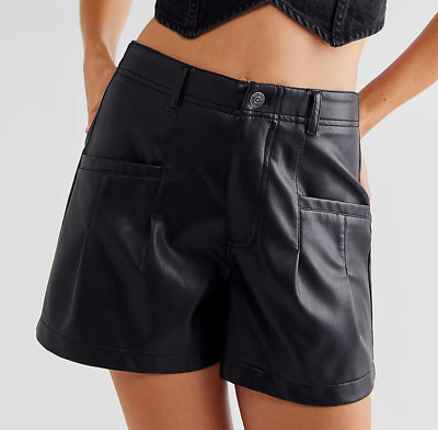 NEW FREE PEOPLE BLACK PRESS PLAY VEGAN FAUX LEATHER SHORTS OB1566933 SZ 0