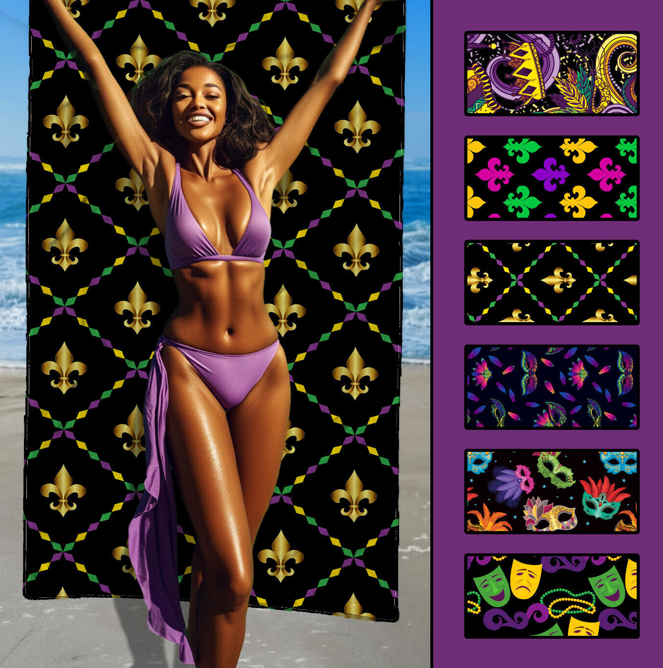 Colorful Mardi Gras Fleur De Lis Beach Towel for Carnival Summer Pool Gifts