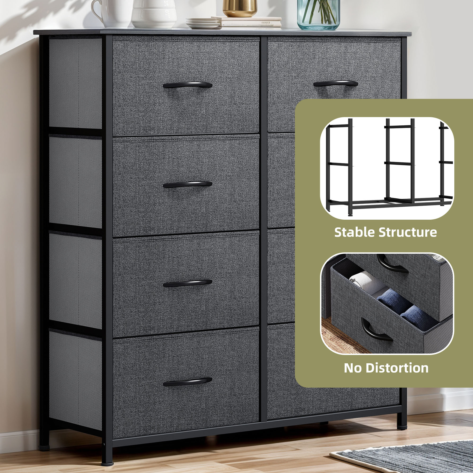 8 Drawer Dresser Gray Fabric Bedroom Organizer Livingroom Tower Chest of Storage