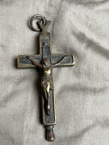 French Antique Reliquary Crucifix Wood Brass 1800s 4” Pendant Cross Locket Opens