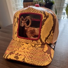 Goorin Bros BANGER Trucker Hat Ram Animal Print Yellow Mesh Back Adjustable