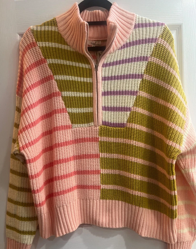 New Easel Women's Clothing Colorful 1/4 Zip Loose Knit  Striped Sweater Small ! - Image 2 of 4