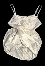 ESCAPADES White Shiny Satin Glossy Slip Dress Nylon Nightgown Womens M