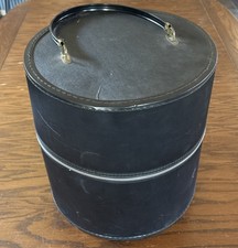 Vintage Black HAT WIG BOX TRAVEL CASE Zippered Round GOLD Interior