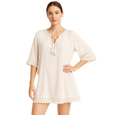 New CUPSHE Small White Swimsuit Tie Cover-up V-Neck Short Sleeve Lace Scalloped