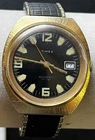 Vintage 1970s Timex Marlin Gold-toned Cushion Case Black Diver Date Dial Watch