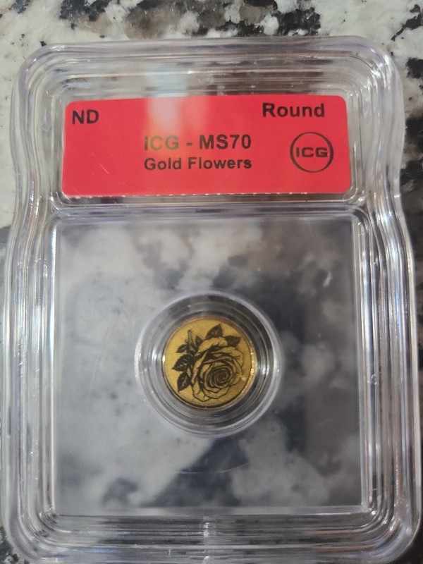 1/1000th Oz .999 AU Gold Round. ICG-MS70 Gold Flowers.