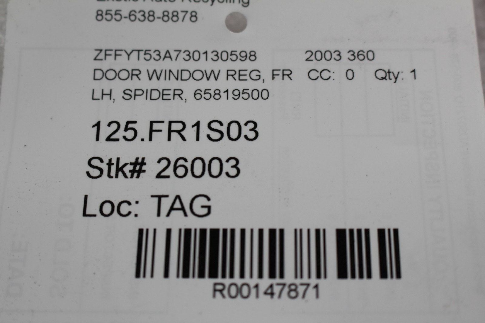 Ferrari 360 FRONT+LEFT Window regulator P/N 65819500