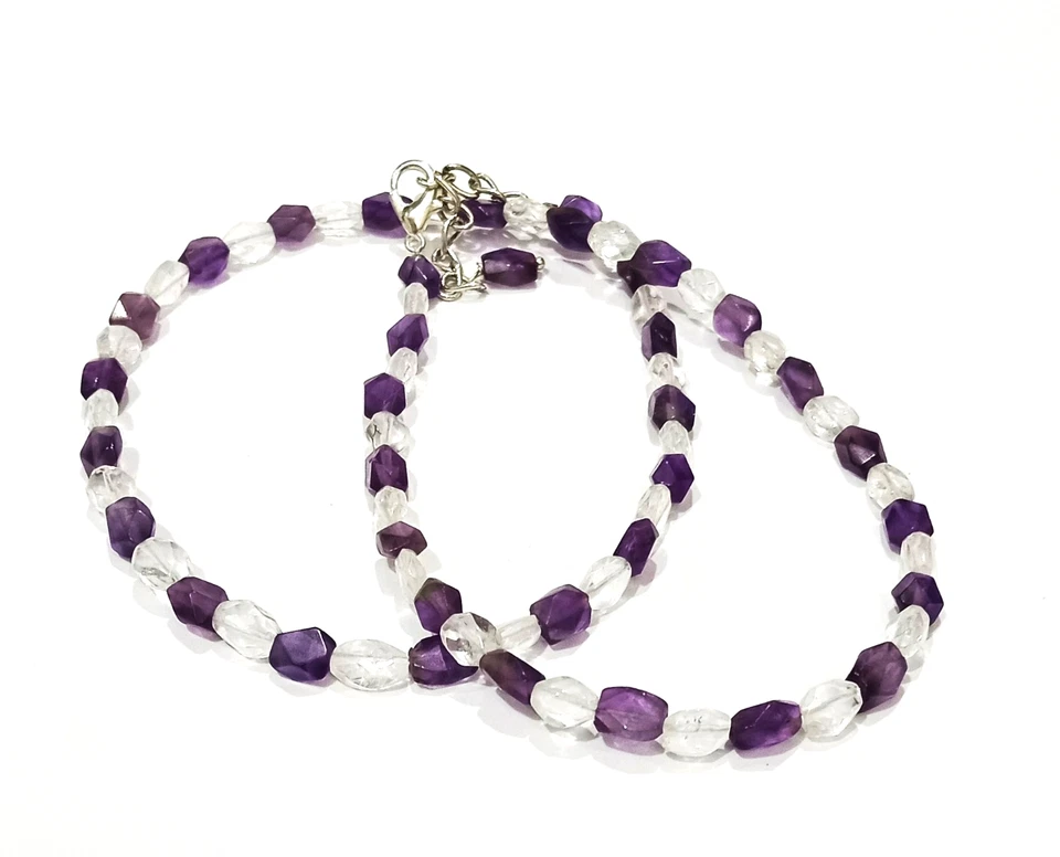 Collar de amatista natural y cuarzo transparente, collar de cuentas, cuentas facetadas Foto 2 de 4