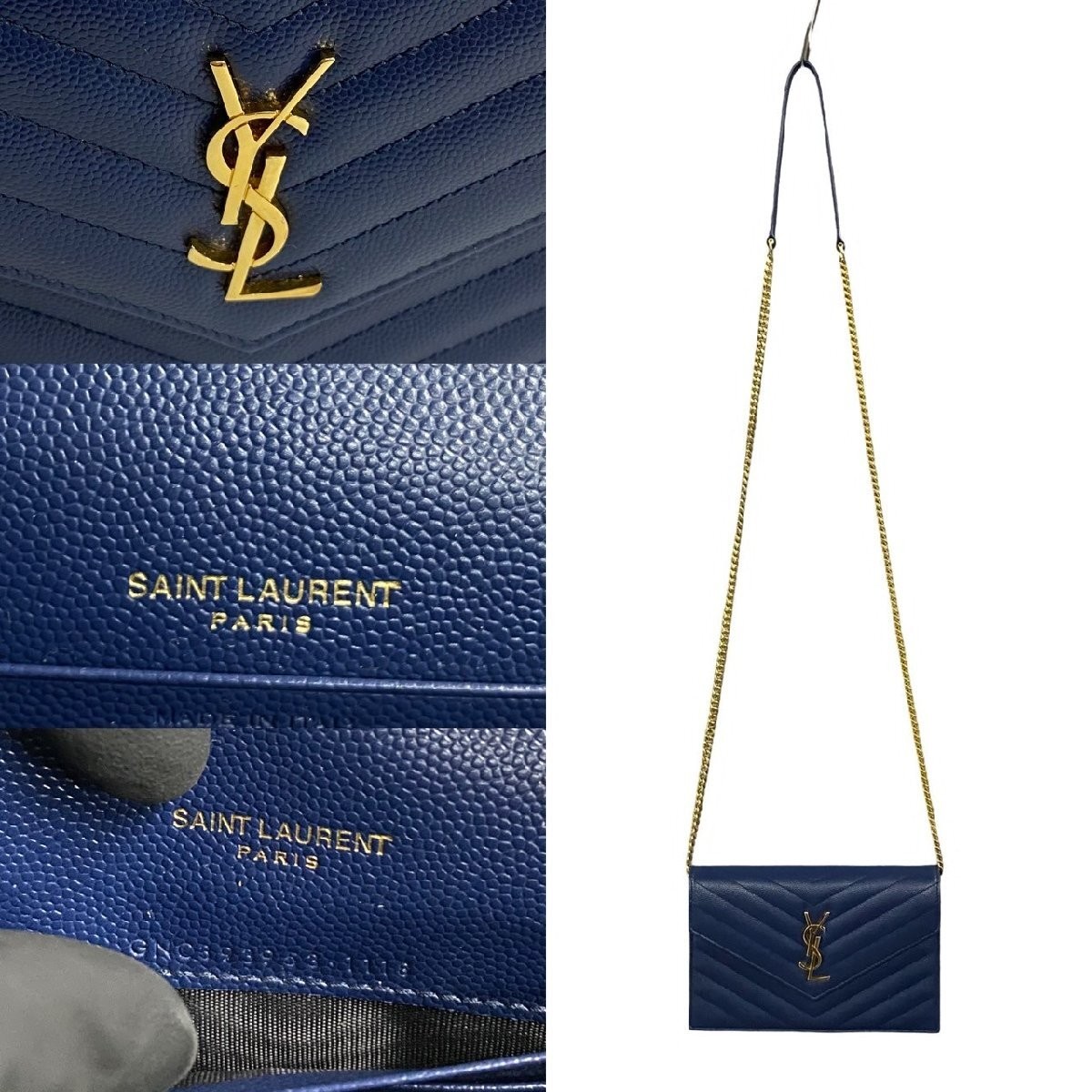 Yves Saint Laurent Busta Portafoglio Catena Borsa Pelle Navy YSL Usatotico
