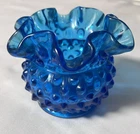 Vintage Fenton Colonial Blue Hobnail Ruffled Vase Crimped Art Glass 1970s
