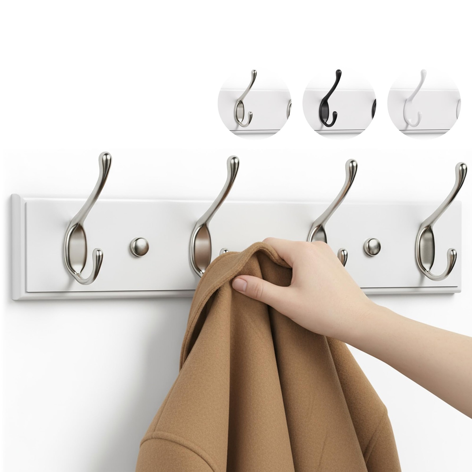 LARHN White Coat Hooks Wall Mounted Rack - 4 4 Hook, & Matt Nickel